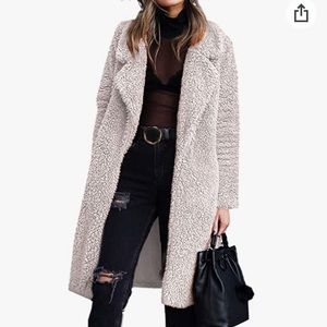 NWT Angashion Women's Teddy Fleece Lapel Open Front Long Cardigan Coat